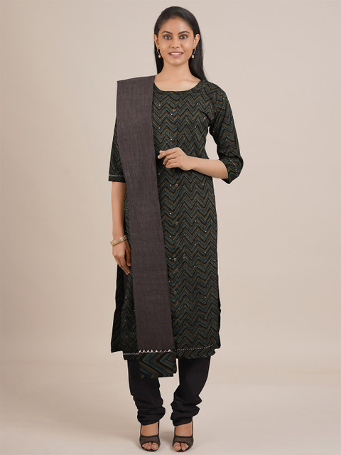 

Pothys Green & Grey Printed Unstitched Dress Material
