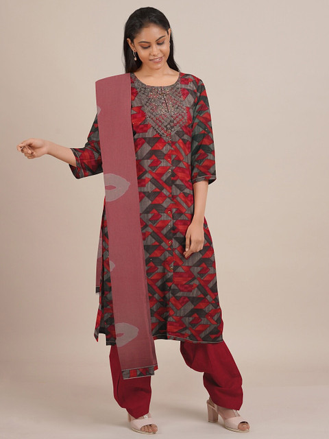 

Pothys Red & Taupe Printed Unstitched Dress Material