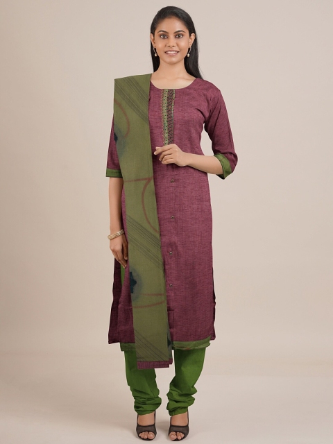 

Pothys Pink & Green Unstitched Dress Material