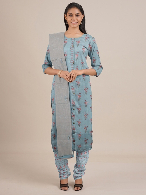 

Pothys Turquoise Blue Printed Unstitched Dress Material