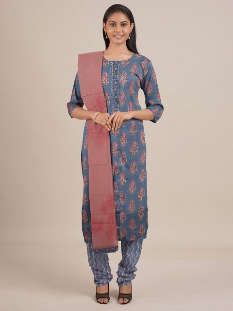 

Pothys Grey & Peach-Coloured Printed Unstitched Dress Material