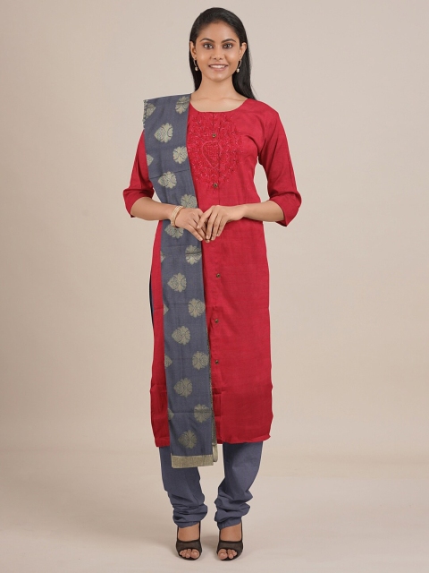 

Pothys Red Embroidered Unstitched Dress Material