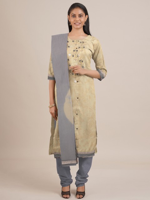 

Pothys Yellow & Grey Embroidered Unstitched Dress Material