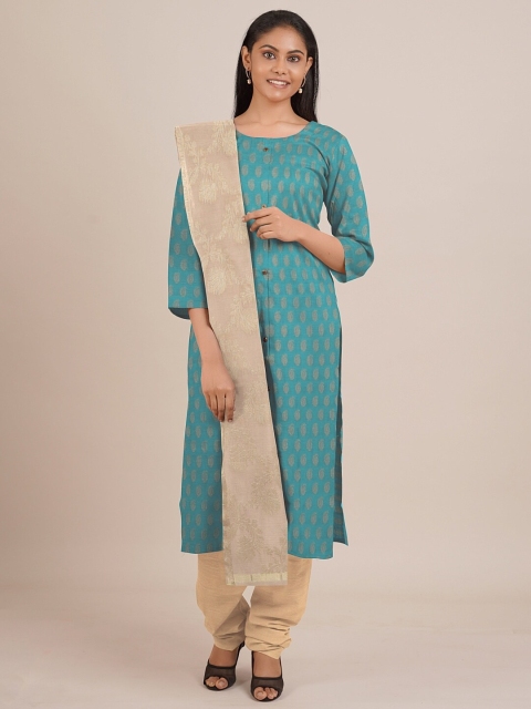

Pothys Turquoise Blue & Beige Unstitched Dress Material