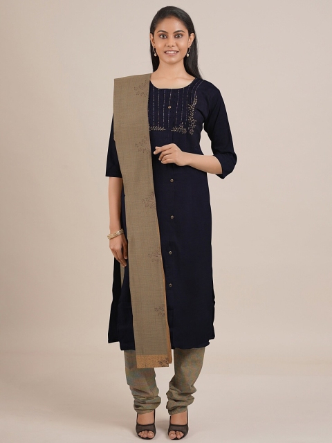 

Pothys Navy Blue & Gold-Toned Unstitched Dress Material