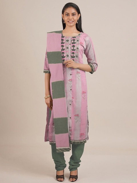 

Pothys Pink & Green Embroidered Unstitched Dress Material