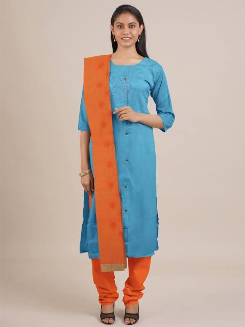 

Pothys Blue & Orange Embroidered Unstitched Dress Material