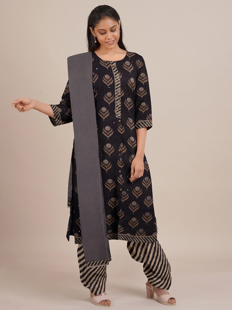 

Pothys Black & Brown Printed Unstitched Dress Material