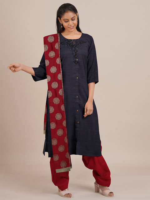 

Pothys Grey & Red Unstitched Dress Material