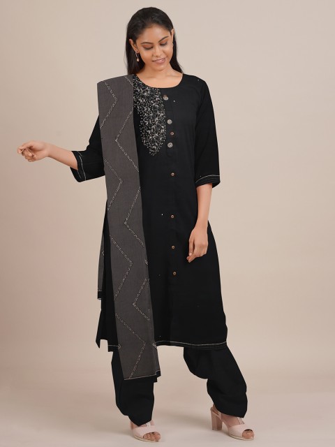 

Pothys Black & Grey Embroidered Unstitched Dress Material