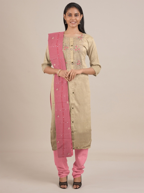 

Pothys Cream-Coloured & Pink Embellished Unstitched Dress Material
