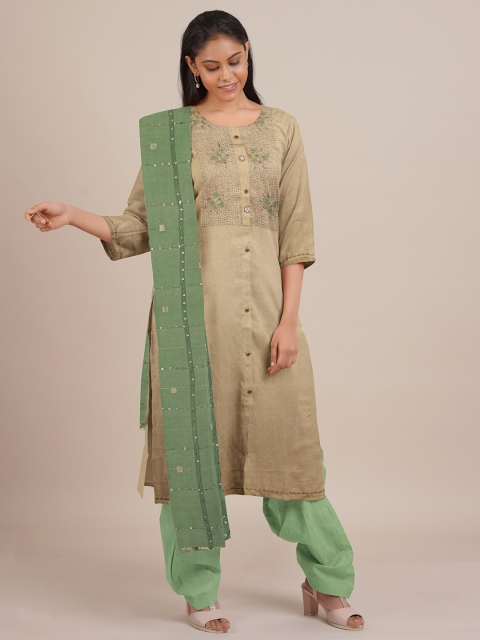 

Pothys Beige & Green Embellished Unstitched Dress Material