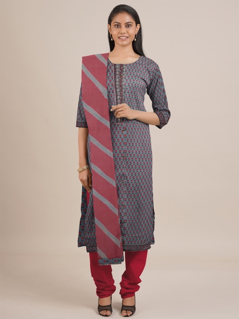 

Pothys Grey & Red Printed Unstitched Dress Material