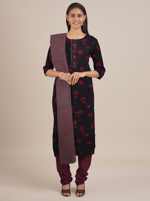 

Pothys Navy Blue & Red Printed Unstitched Dress Material
