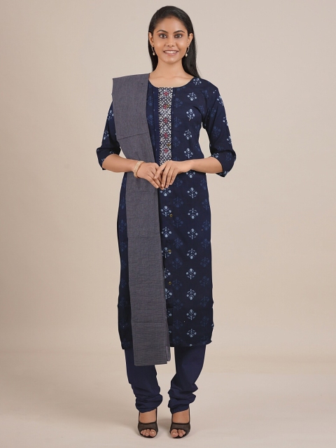 

Pothys Navy Blue Printed Unstitched Dress Material