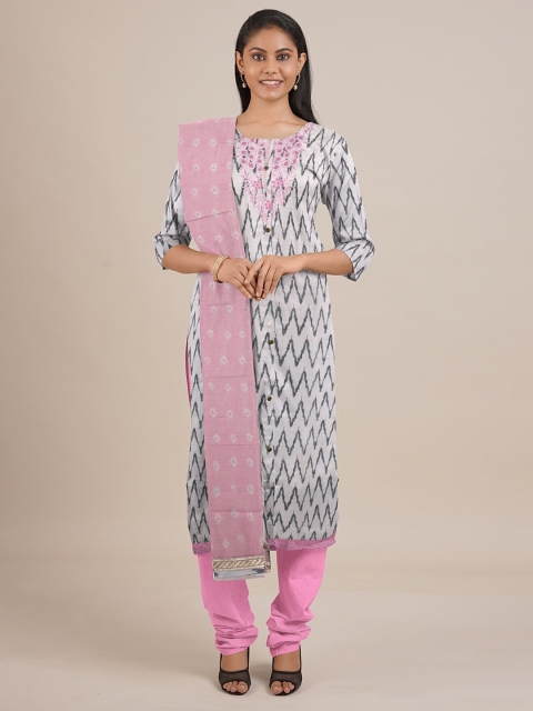 

Pothys White & Pink Printed Unstitched Dress Material