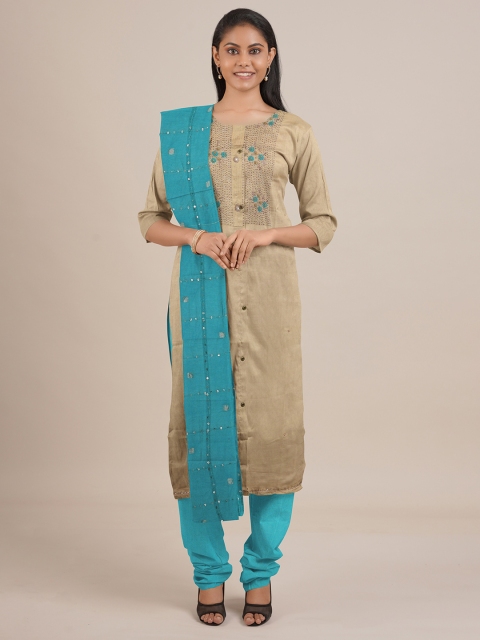 

Pothys Cream-Coloured & Blue Embroidered Unstitched Dress Material