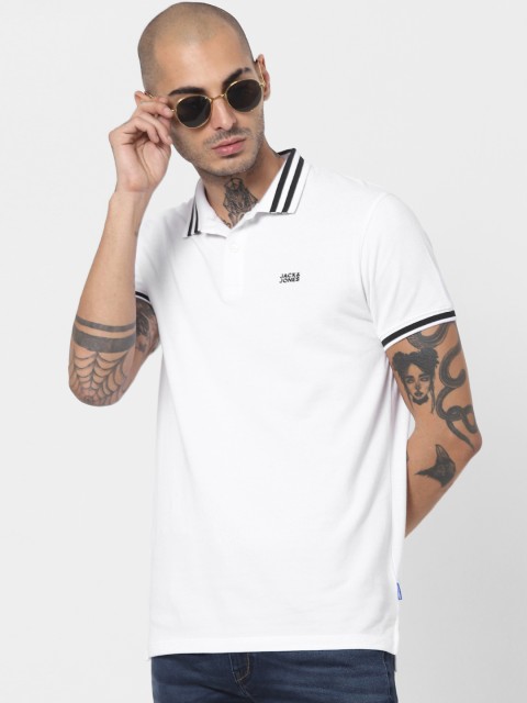 

Jack Jones Men White Polo Collar Slim Fit Pure Cotton T-shirt
