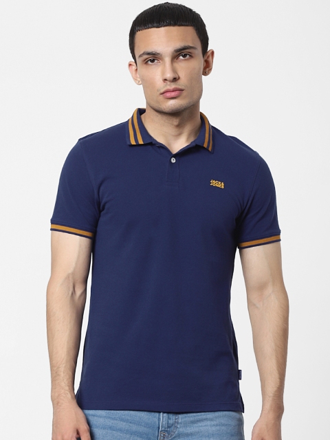 

Jack Jones Men Navy Blue Polo Collar Pure Cotton T-shirt