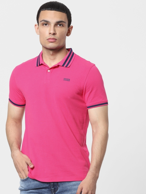 

Jack Jones Men Pink Polo Collar Pure Cotton T-shirt