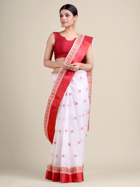 

Charukriti White & Red Paisley Pure Cotton Handloom Taant Saree