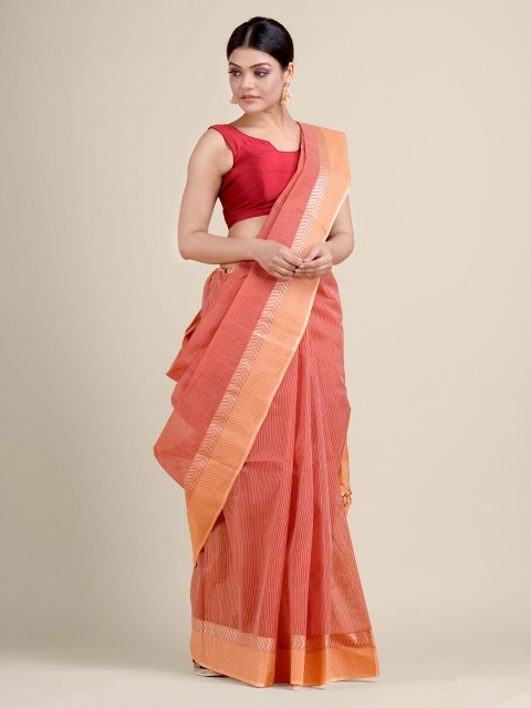 

Charukriti Orange & Red Striped Pure Cotton Taant Saree