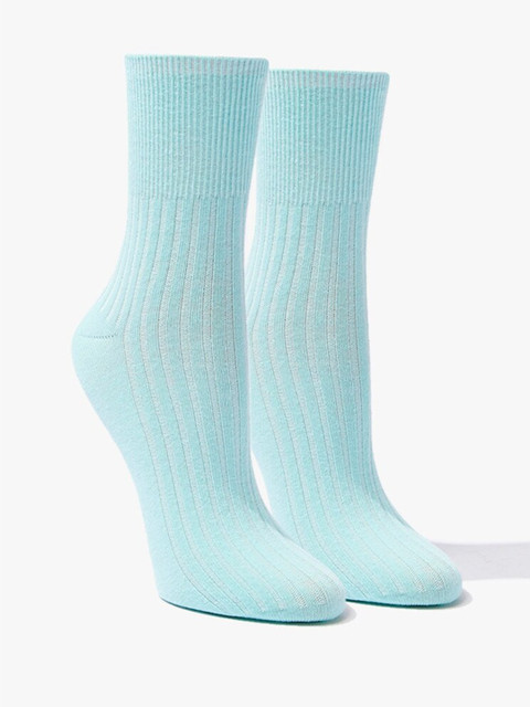 

FOREVER 21 Women Turquoise Blue Ribbed Crew-Length Socks