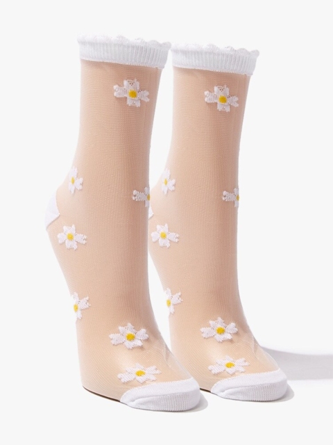 

FOREVER 21 Women Beige & White Daisy Printed Crew-Length Sheer Socks