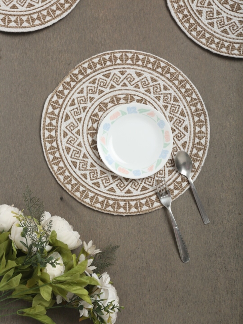 

HOSTA HOMES Set Of 6 White & Beige Pure Cotton Printed Round Table Placemats
