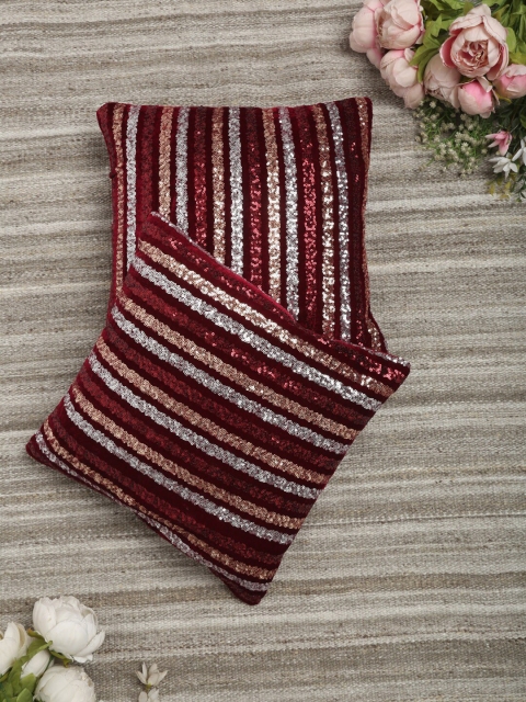 HOSTA HOMES Maroon & Silver-Toned Set of 2 Striped Square Cushion Covers