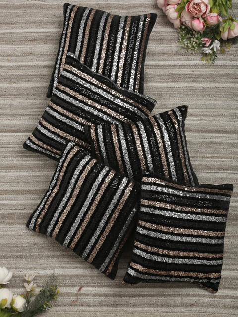 

HOSTA HOMES Black & Silver-Toned Set of 5 Striped Square Cushion Covers