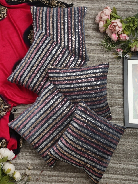 

HOSTA HOMES Black & Silver-Toned Set of 5 Striped Square Cushion Covers