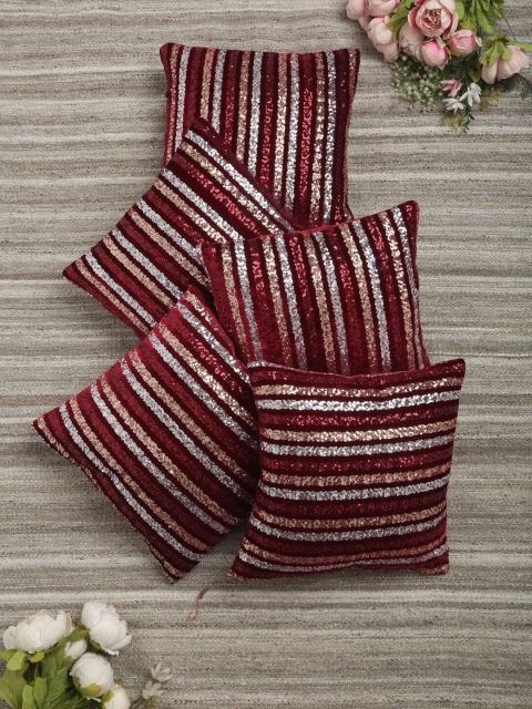 

HOSTA HOMES Red & Gold-Toned Set of 5 Striped Square Cushion Covers