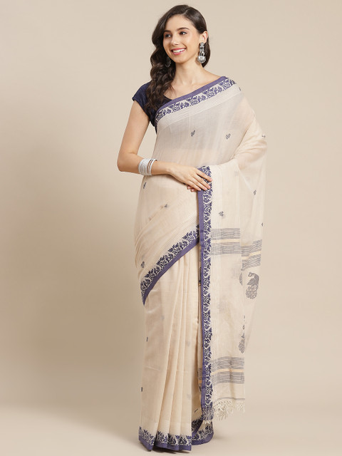 

ADITRI Beige & Navy Blue Ethnic Motifs Pure Cotton Handloom Saree