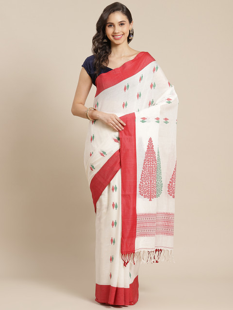 

ADITRI White & Red Ethnic Motifs Pure Cotton Jamdani Saree