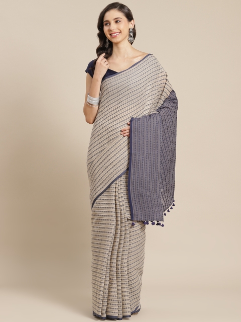 

ADITRI Beige & Navy Blue Striped Pure Cotton Handloom Saree