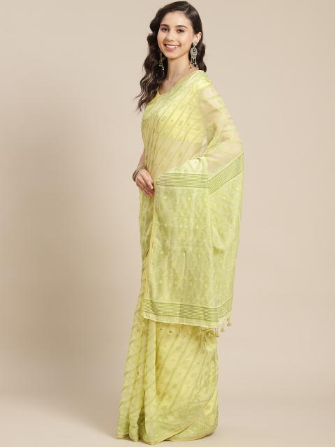 

ADITRI Lime Green Striped Pure Cotton Jamdani Saree