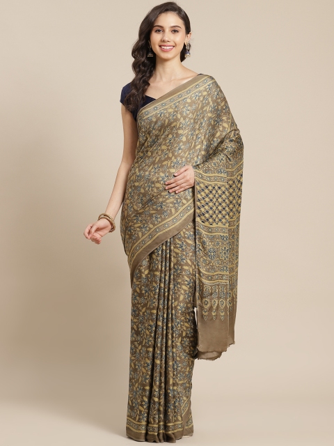 

ADITRI Olive Green & Beige Art Silk Ajrak Block Print Saree