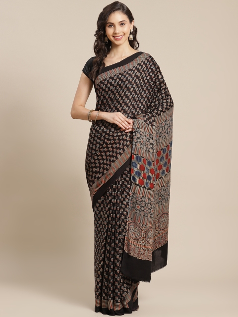 

ADITRI Black & Beige Ethnic Motifs Print Art Silk Block Print Ajrak Saree