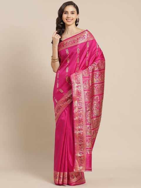 

ADITRI Pink & Golden Ethnic Motifs Pure Silk Baluchari Saree