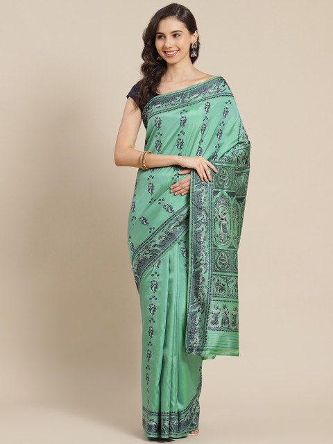 

ADITRI Green & Navy Blue Ethnic Printed Pure Silk Baluchari Saree