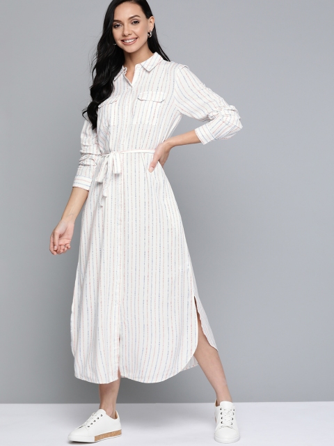 

Mast & Harbour Off White & Blue Striped Shirt Midi Dress with Belt