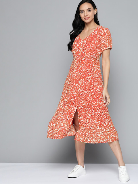 

Mast & Harbour Orange & White Floral Print Gathered A-Line Midi Dress