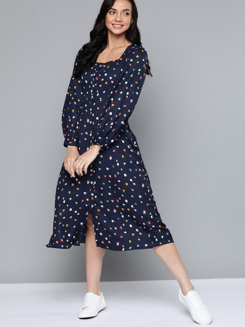 

Mast & Harbour Navy Blue & White Floral Print A-Line Midi Dress