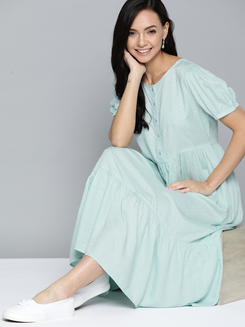 

Mast & Harbour Sea Green Dobby Woven Design Midi A-Line Dress