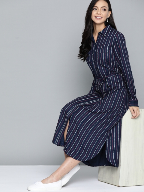 

Mast & Harbour Navy Blue & White Striped Shirt Midi Dress with Belt
