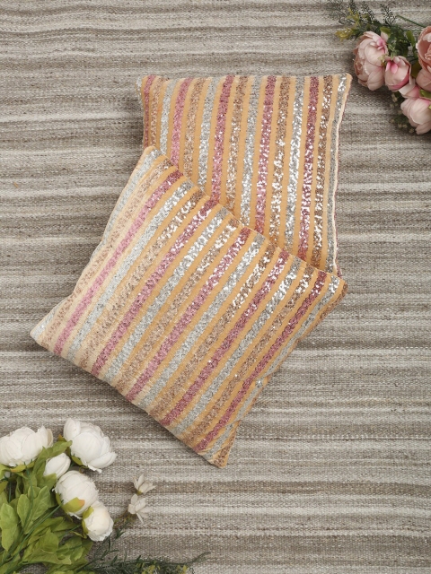 

HOSTA HOMES Cream-Coloured & Silver-Toned Set of 2 Embellished Square Cushion Covers