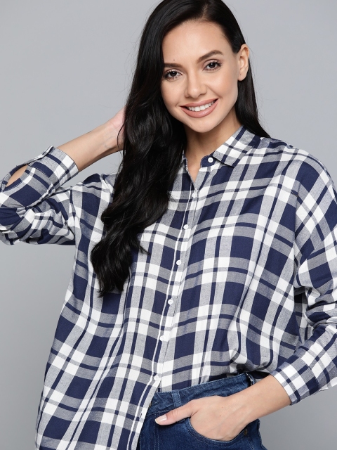 

Mast & Harbour Women Navy & White Checked Casual Shirt, Navy blue