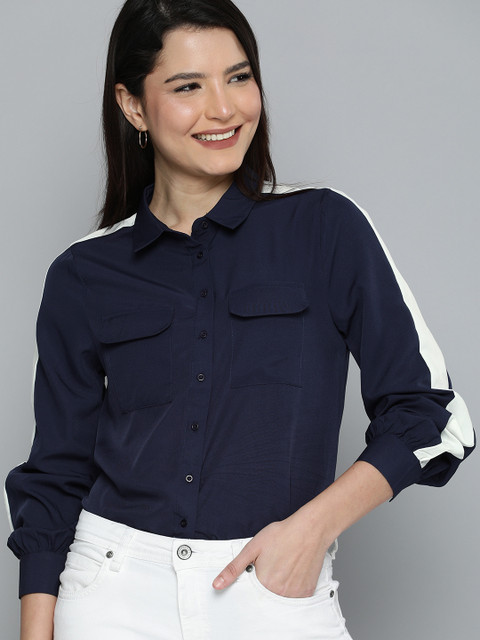 

Mast & Harbour Women Navy Blue Solid Casual Shirt with Contrast Detailing