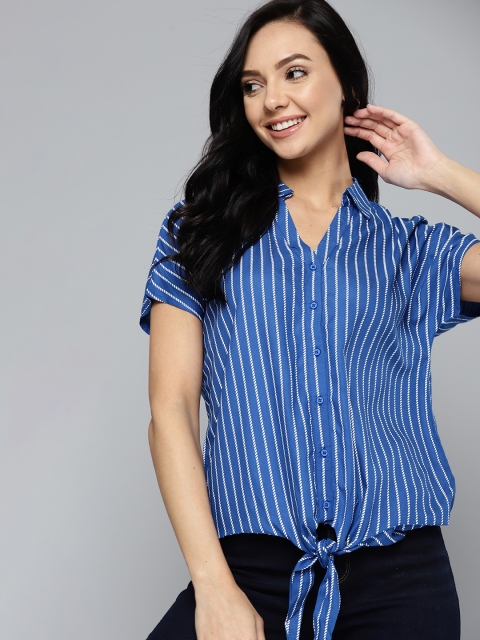 

Mast & Harbour Women Blue & White Striped Casual Shirt with Tie-ups
